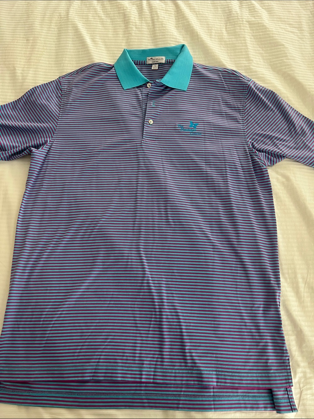 Peter Millar Plantation Course Purple Striped Polo with Teal Collar